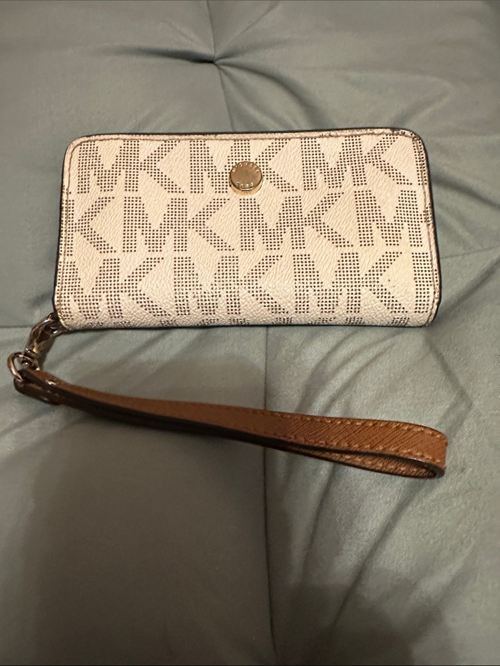 Michael Kors Cream MK Monogram Zip Wristlet with Brown Strap